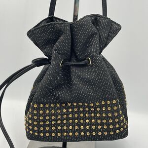 DAWLI Gold Metallic Studded Black Leather & Fabric Crossbody Bucket Purse Bag